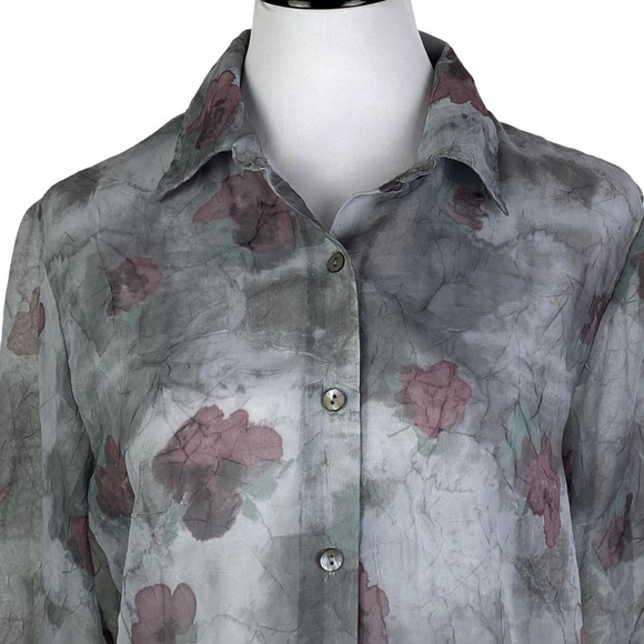 Casual Corner Vintage Floral Sheer Button Down Blouse Women's Medium Gray Pink - Picture 3 of 9